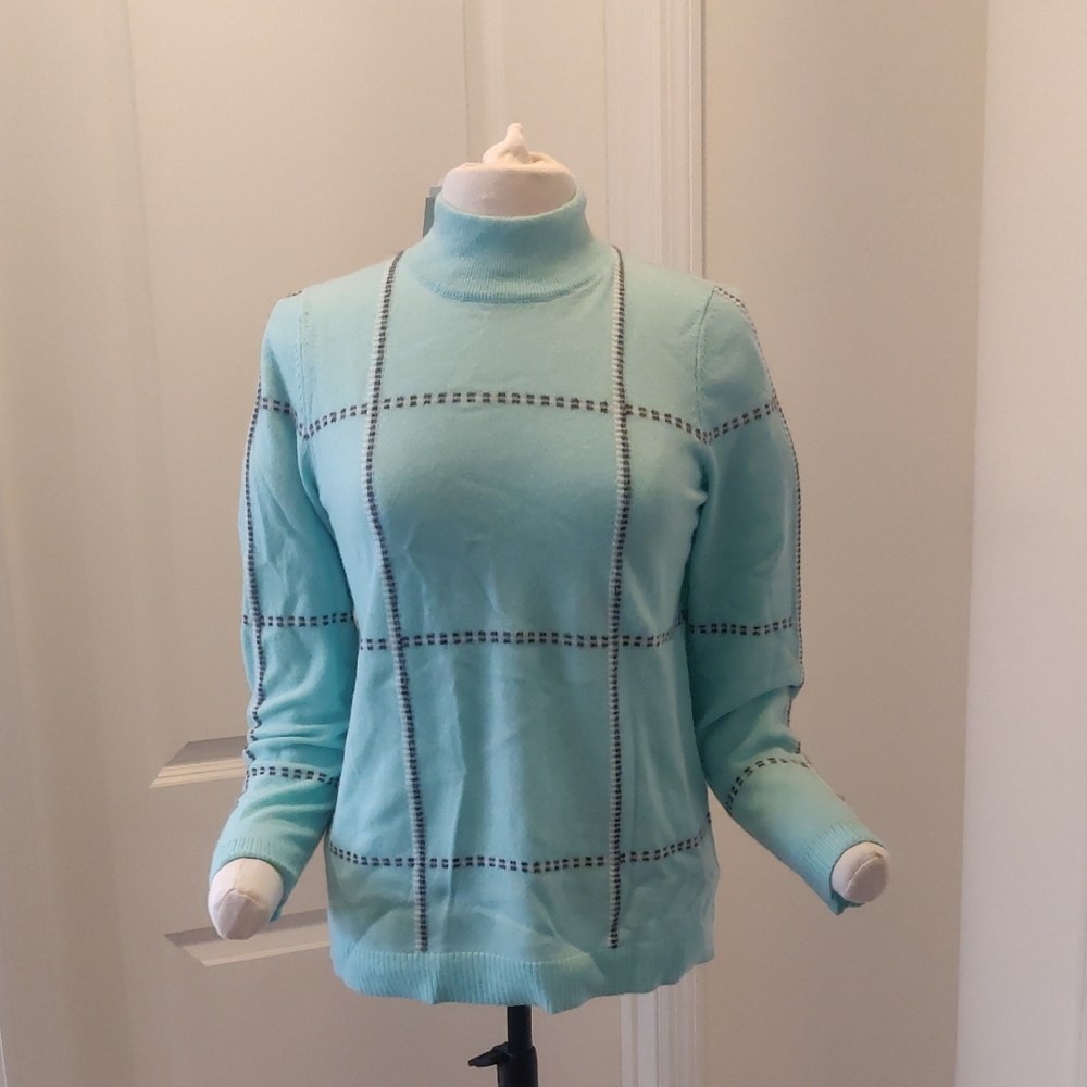 New! Edinburgh Knitwear Mint Green Checkered Women's Cashmere Sweater Med